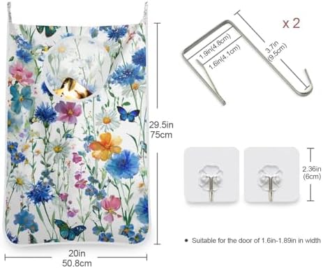 Door Hanging Laundry Hamper Bag with Free Adjustable Stainless Steel Hooks Dirty Clothes Hamper Extra Large Over the Door Laundry Hamper White Floral Daisy 29.5X20inch 2Pack - Image 3