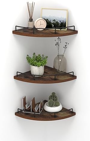 HORLIMER 3 Pack Floating Corner Shelf Wall Mount with Fence, Brown by HORLIMER