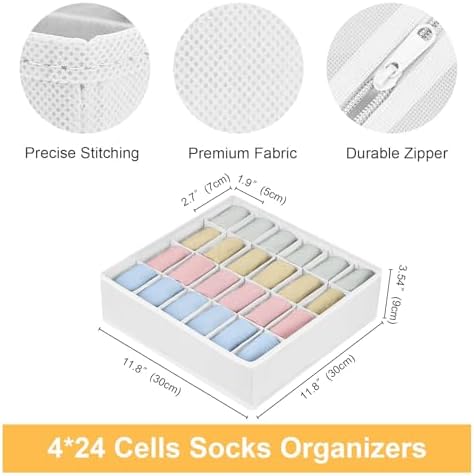 joyoldelf Sock Drawer Organizer Divider Underwear Organizer 24-cell Fabric Dresser Drawer Organizers Storage Boxes for Socks Lingerie, Handkerchiefs, Ties 4 Pack (White) - Image 2