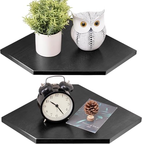 Corner Wall Shelves Set 2 Solid Oak Wood with Wire Hole Wall Mount,Black by Coamily