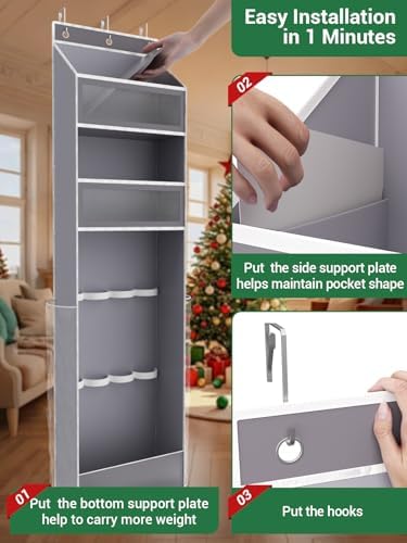 Over Door Wrapping Paper Organizer Hanging – Christmas Gift Wrap Storage for Ribbons, Bows, Ornament and Other Tools, Behind Door Long Craft Roll Holder Bag, Present Wrap Container, 1Pack, Gray - Image 6