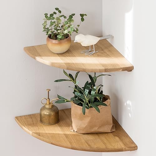 Corner Shelves, Floating Corner Shelf, Set of 2 12inch Solid Oak Wood Wall Shelves, Round End Wall Mount Display Shelf with Wire Hole for Bedroom Kitchen, Living Room by Coamily