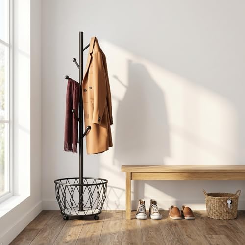 Black Moveable Tree Metal Coat Rack with Basket Freestanding 65" by CBBZJY