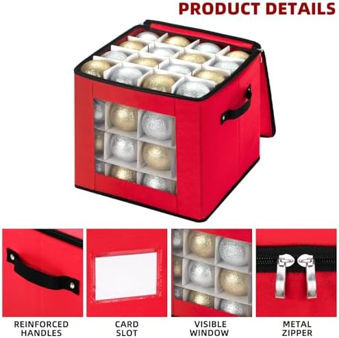 inin Christmas Ornament Storage Box with Adjustable Dividers,Christmas Ornaments Organizer with Zippered Top,Storage Container Bin for Holiday Decorations(64 Ball, Red, Without Tray) - Image 6