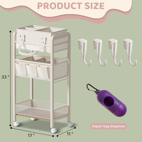 Baby Diaper Caddy Organizer and Storage,2In1 Baby Cart Organizer-Baby Diaper Caddy+3 Tier Rolling Cart for Baby Nursery,Baby Bedside Cart,Easy Assembly,Beige - Image 2