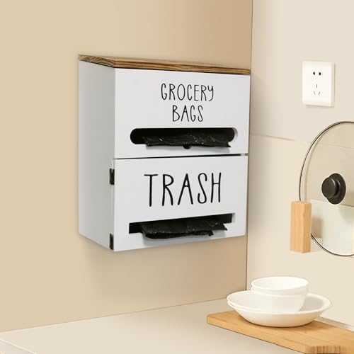 2 in 1 Trash Bag Dispenser, Double Wall Mounted,Wood Trash Bag Holder, used in kitchen, garage, laundry room, can store Environmentally friendly food bags and garbage bags (White) - Image 5
