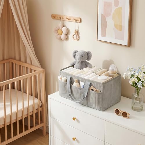 Baby Diaper Caddy Organizer with Portable Changing Mat-Portable Baby Organizers and Storage, Gift for Baby Shower, Corduroy Baby Essentials Organizer with Removable Dividers (Gray) - Image 4