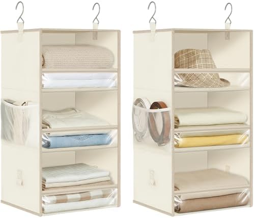 STORAGE MANIAC 6-Shelf Hanging Closet Organizer and Storage, 2 Separable 3-Shelf Haning Organizers for Closet, Collapsible Hanging Shelves Wardrobe Organization, College Dorm Room, Nursery, Beige by STORAGEMANIAC