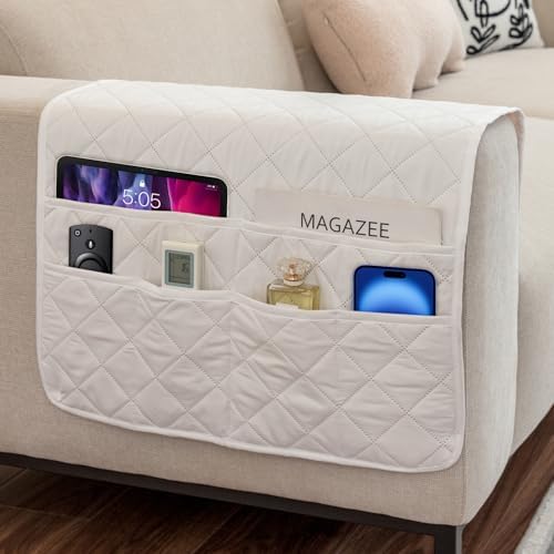 Armchair Caddy Remote Control Holder Sofa Organizer, Non-Slip Couch Arm Chair Caddy with 6 Pockets for Tablets,Smart Phone,Books,Pens,Magazines,Ipad (Off-White) by DECKALY