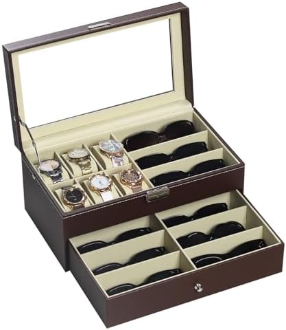 AUTOARK Leather 6 Watch Box & 9 Eyeglasses Storage Case,Brown,AW-130 by AUTOARK