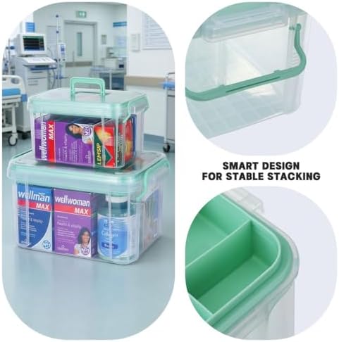 Set of 2 Medicine Organizer - Plastic Storage Box with Handle Green - Image 6