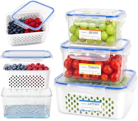3 Pack Fruit Storage Containers for Fridge with Removable Colander,Airtight Produce Storage Containers with Lids Label Sheets, BPA-Free Berry Keeper for Fruit, Salad, Berry, Fresh(29oz+59oz+112oz) by Unknown