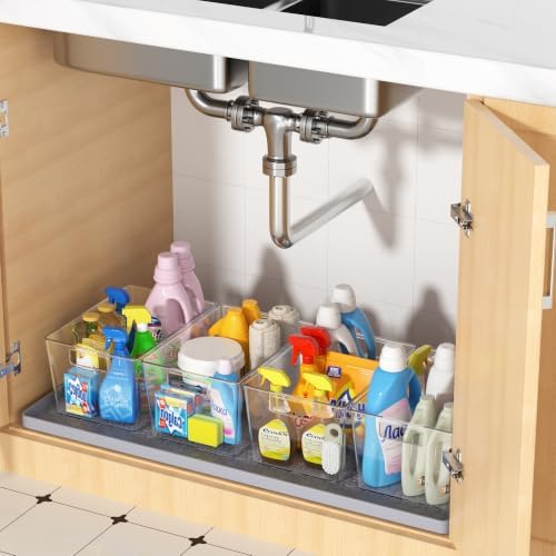 Waterproof Under Sink Mat 34"x22" with 4 Pcs Clear Plastic Storage Bins, Kitchen Bathroom Under Sink Organizer Set, Cabinet Shelf Liner Protection Mat for Pantry Apartment Home Organization Essentials - Image 2