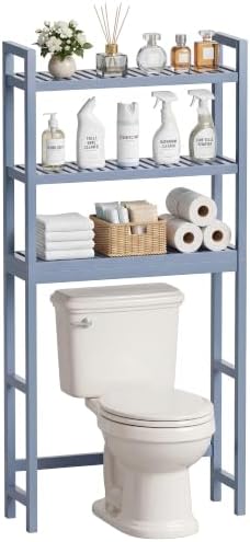 SMIBUY Bathroom Storage Shelf, Bamboo Over-The-Toilet Organizer Rack, Freestanding Toilet Space Saver with 3-Tier Adjustable Shelves (Grey) by SMIBUY