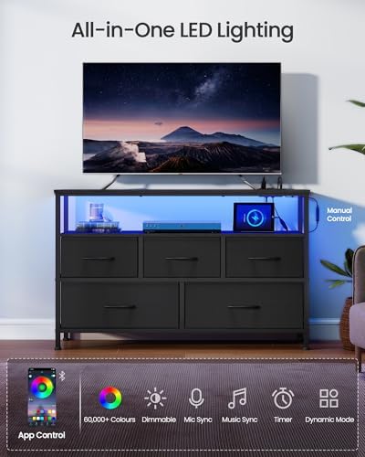 SONGMICS Dresser with App-Controlled LED Lights, 5 Fabric Drawers Dresser - Image 5