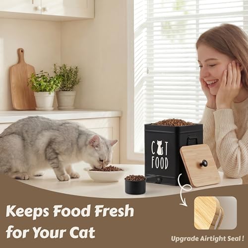 PERFNIQUE Cat Food Storage Container, Airtight Cat Treat Container with Bamboo Lid, Pet Food Storage for Kitchen Countertop, Treat Jars for Pets, Cat Food Container (Black, with Spoon) - Image 2