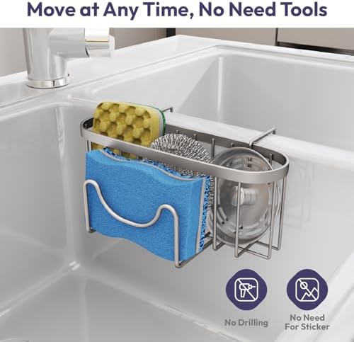 SWTYMIKI Sponge Holder for Kitchen Sink - Movable Kitchen Sink Caddy with M Hook Stainless Steel Hanging Sponges Caddy Organizer in Double Bowl Sinks Depth>3.15in, Middle Divider<1.5in, Sand Nickel L - Image 5