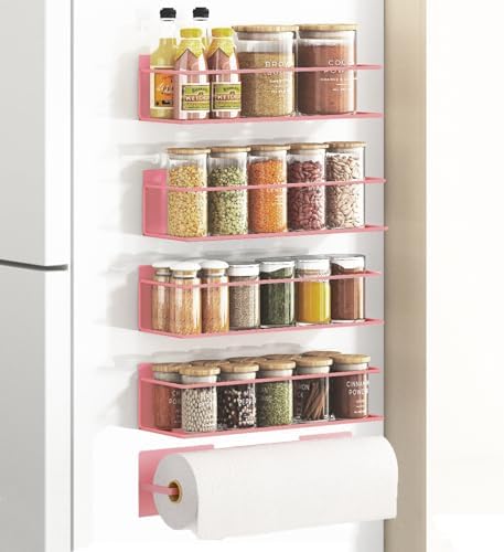 Magnetic Spice Rack For Refrigerator Magnetic Fridge Shelf For Kitchen Spice Organizer Magnetic Shelf For Fridge Space Saving Pink 4 Pack With Magnetic Paper Towel Holder by Roysili