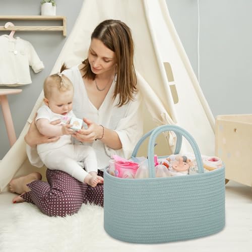 COMSE Large Cotton Rope Baby Diaper Caddy Organizer, Light Green - Image 3