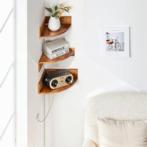Demigo Corner Shelf Wall Mount Set of 3, Solid Acacia Wood Round Floating Corner Shelves for Storage and Display, Hanging Wood Shelves for Bedroom, Kitchen, Living Room, Bathroom (Brown) - Image 2