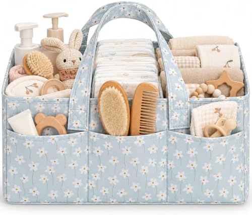 PeraBella Baby Diaper Caddy Organizer, Floral Baby Basket Shower Gift, Nursery Organizer Basket Newborn Boy & Girl Essential Items, Changing Table Organizer Caddy for Baby Stuff, Car Caddy- Blue Daisy by PeraBella