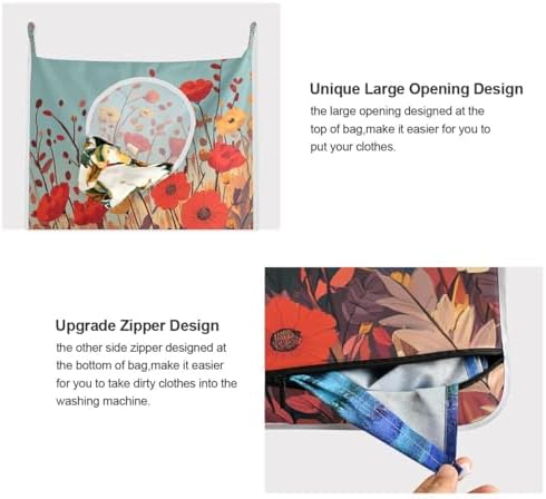 Autumn Poppy Flowers Door Hanging Laundry Hamper Bag with Free Adjustable Stainless Steel Hooks Dirty Clothes Hamper Extra Large Over the Door Laundry Hamper 29.5X20inch 1PC - Image 4