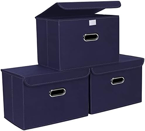 STOREONE Fabric Storage Cube Bins Foldable Organizer Container Collapsible Basket with Lids and Metal Handles, for Home, Bedroom, Closet 3 Pcs (Navy Blue) by STOREONE