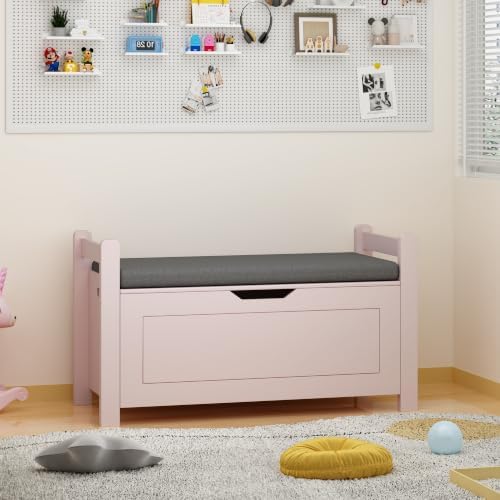 Storage Chest, Storage Bench with Cushion Seat, Toy Chest, Wooden Toy Box with 2 Safety Hinges, Shoe Bench, for Entryway, Living Room, Bedroom, Pink - Image 4