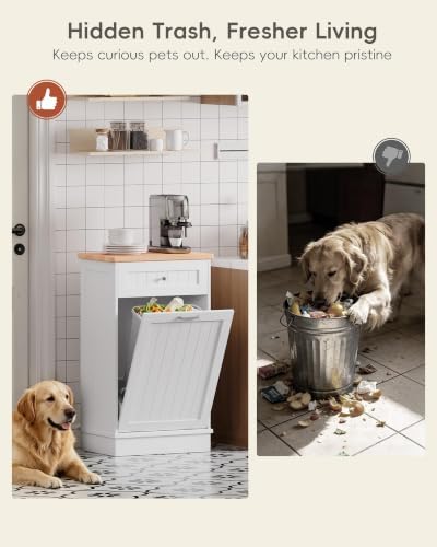 Betterhood 10 Gallon Tilt Out Trash Cabinet with Big Storage Drawer, Solid Wooden Trash Garbage Can Cabinet, Mid-Century Modern Recycling Cabinet & Laundry Sorter for Kitchen Dining Room, White - Image 4