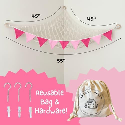 Stuffed Animal Hammock Corner - Large Stuffy Storage With Colorful Flags - Squishie Storage and Plushie Net Stuffed Animal Hammock (Pink) - Image 4