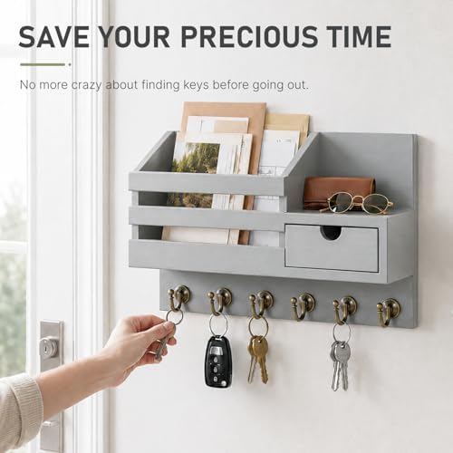 FifthQuarter Key Holder for Wall with Drawer and 6 Sturdy Hooks, A-Grey - Image 6