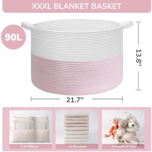 INDRESSME XXXLarge Woven Rope Blanket Basket Living Room Pink, 90L - Image 3