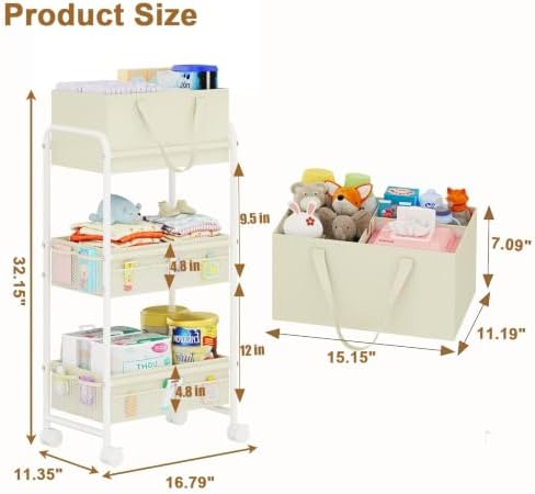 Cidaziya 2 in 1 Baby Diaper Organizer with Diaper Caddy Basket,Nursery Organizers and Storage Cart for Baby Essentials with Side Pockets, Rolling Postpartum Cart for Nursery, Baby registry - Image 3