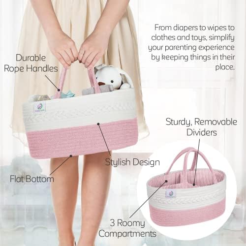 KiddyCare Woven Diaper Caddy Organizer, Large Gray Multi Functional Portable Baby Basket with Handle, Baby Gift for Boy/Girl Nursery Storage, Organization, and Modern Car Diaper Caddy Pink X-Large - Image 5