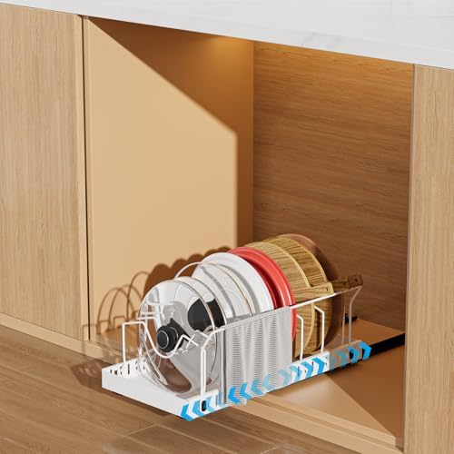 White Pull Out Pot Lid Organizer, Cabinet Pan Rack, 8 Dividers by WOSHEN