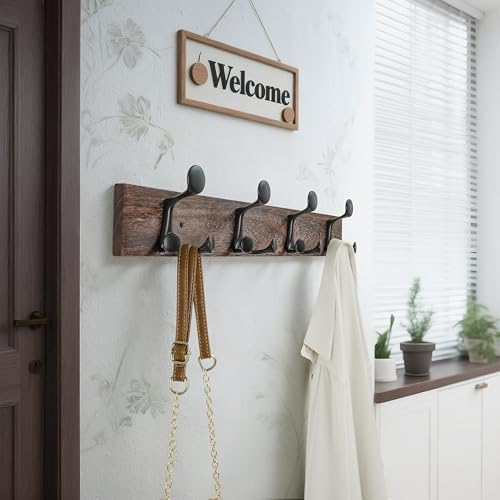 WEBI Coat Rack Wall Mount,24" Solid Wood Coat Hooks Wall Mounted Coat Hanger,16" Hole to Hole,Heavy Duty Hook Rack Rail,4 Triple Hooks for Hanging Coats,Jacket,Clothes,Hat,Weathered Brown,2 Packs - Image 2