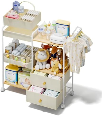 BBLIKE Diaper Caddy Organizer, Baby Storage Cart with Hanging Rack, Beige by BBLIKE