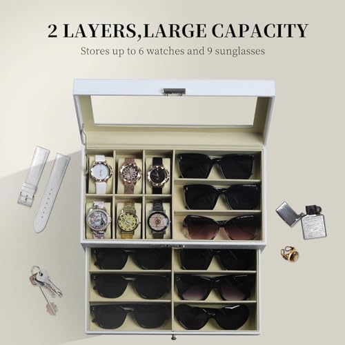 AUTOARK Leather 6 Watch Box & 9 Eyeglasses Storage Case,White,AW-131 - Image 4