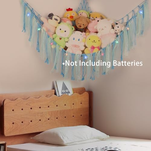 Stuffed Animal Hammock with LED Lights - 59 Inch Large Toy Storage Net for Kids Bedroom, Wall-Mounted Plush Organizer with Wooden Rings, Nursery Decor (Handwoven, Blue) - Image 5