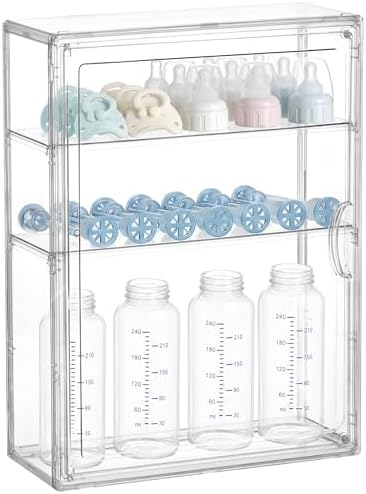 HBlife Baby Bottle Storage Organizer for Countertop Cabinet, 3 Tiers Adjustable Clear Acrylic Bottles Storage Station Case Box Container with 2 Removable Dividers and Magnetic Door, Medium by HBlife