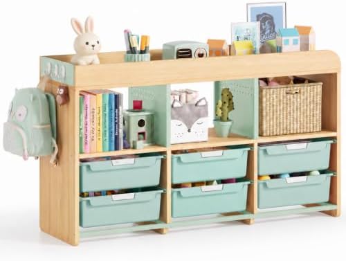 APEXCHASER Toy Storage Organizer with 6 White Bins - Wooden Playroom Storage Cabinet for Toys, Books & Art Supplies, Green by APEXCHASER