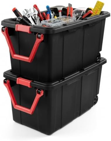 40 Gallon Extra Large Rolling Storage Bins 2-Pack, Black Heavy-Duty Plastic with Pivoting Handle & Leak-Resistant Lid, for Garage Warehouse Industrial Storage by Unknown