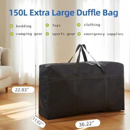 150L Duffle Bag for Travel, Large Christmas Tree Storage Bag with Zipper, 600D Waterproof Fabric Large Capacity Luggage Storage Tote for Moving Traveling Camping Gear Outdoor Sport, Black - Image 2