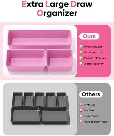 10 Pack Large Size Plastic Drawer Organizers Set, 3 Sizes Desk Drawer Organizer Trays, Storage Bins for Vanity, Makeup, Bathroom, Kitchen Utensils and Office (Pink) - Image 3