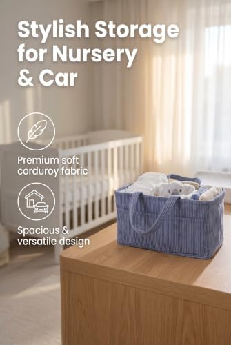 Diaper Caddy Organizer, Premium Blue Indigo Corduroy Nursery Storage Basket with Removable Dividers & Handles, Portable Organizer for Diapers, Essentials, Baby Registry & Shower Gift - Image 4