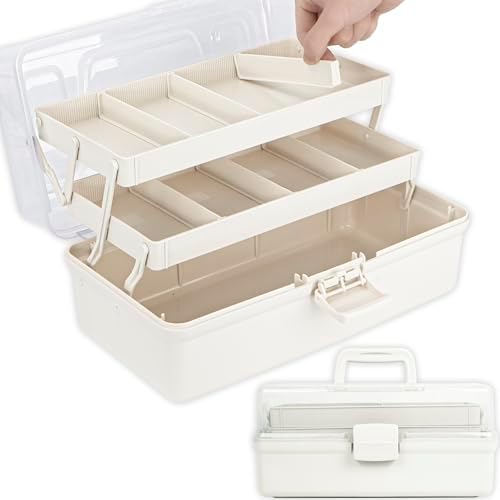 TERGOO 12.5in 3-Layer Multipurpose Craft Organizers and Storage with Adjustable Dividers, Portable Tackle Box, Folding Art & Craft Case for Medicine, Tool, Sewing Organizer (White) by Focusonefficientstorage