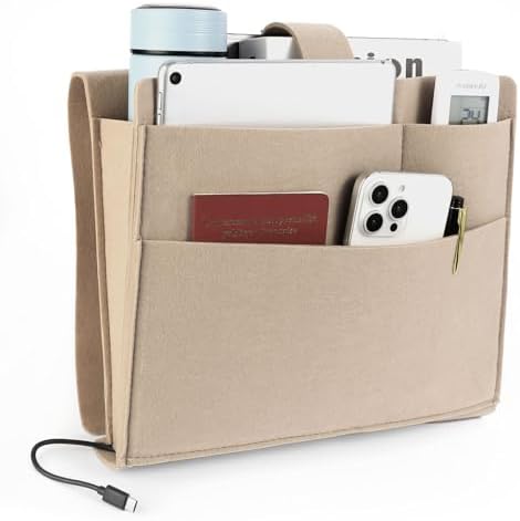 Seefoo Bedside Caddy, Large Bed Caddy Organizer with Cord Slit, Beige by Unknown