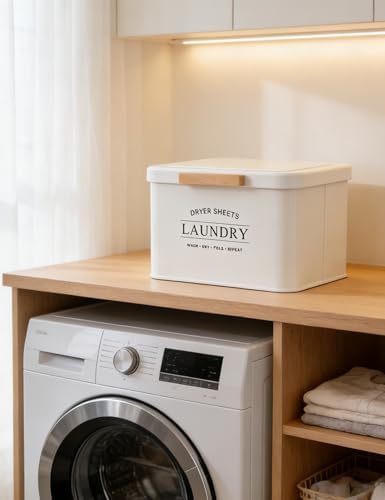 Dryer Sheet Holder with Hinged Lid, Wooden Handle & Large Capacity - Image 4