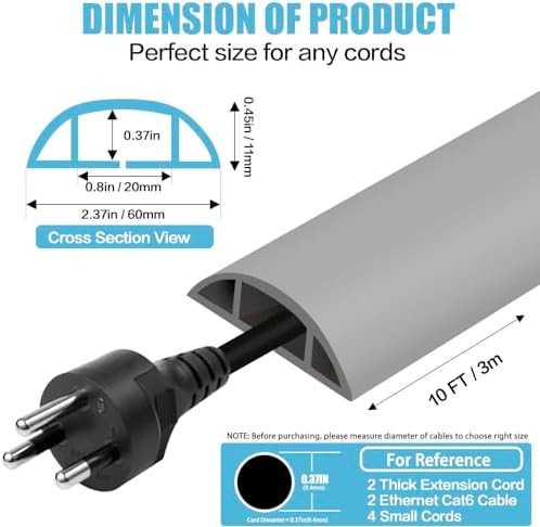 Floor Cord Cover Cavity 0.8"x0.37" Self Adhesive Cord Hider, 10FT Low Profile Cable Management, Extension Strip Protector for Wires, Prevent Cable Trips for Offices, Gyms, Exhibitions（Gray） - Image 2