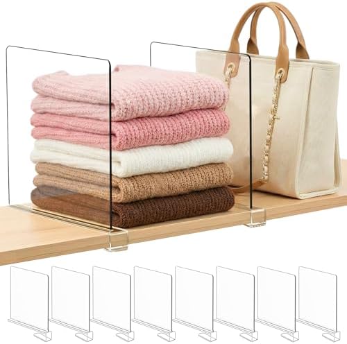 Purse Organizer for Closet Shelf Dividers: 11-inch Tall (Higher Version) Adjustable Clear Acrylic Bag Storage Organizer for Handbags, Sweaters, Towels, Jeans and Shoes on Wood Shelves 8-Pack by Saccik